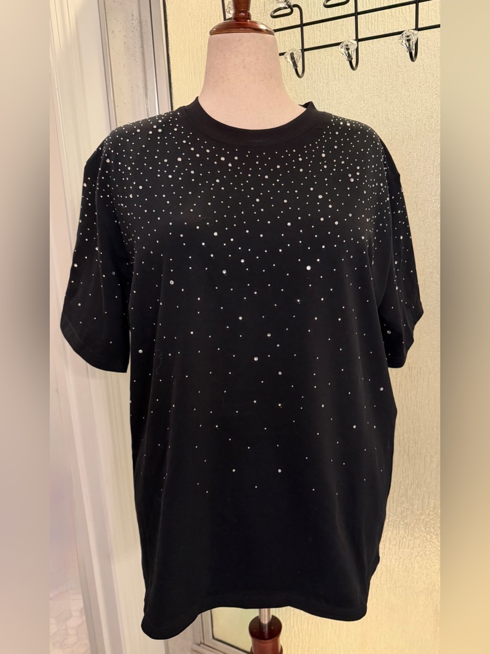 Black Short Sleeve Tee with Scattered Rhinestone Accents